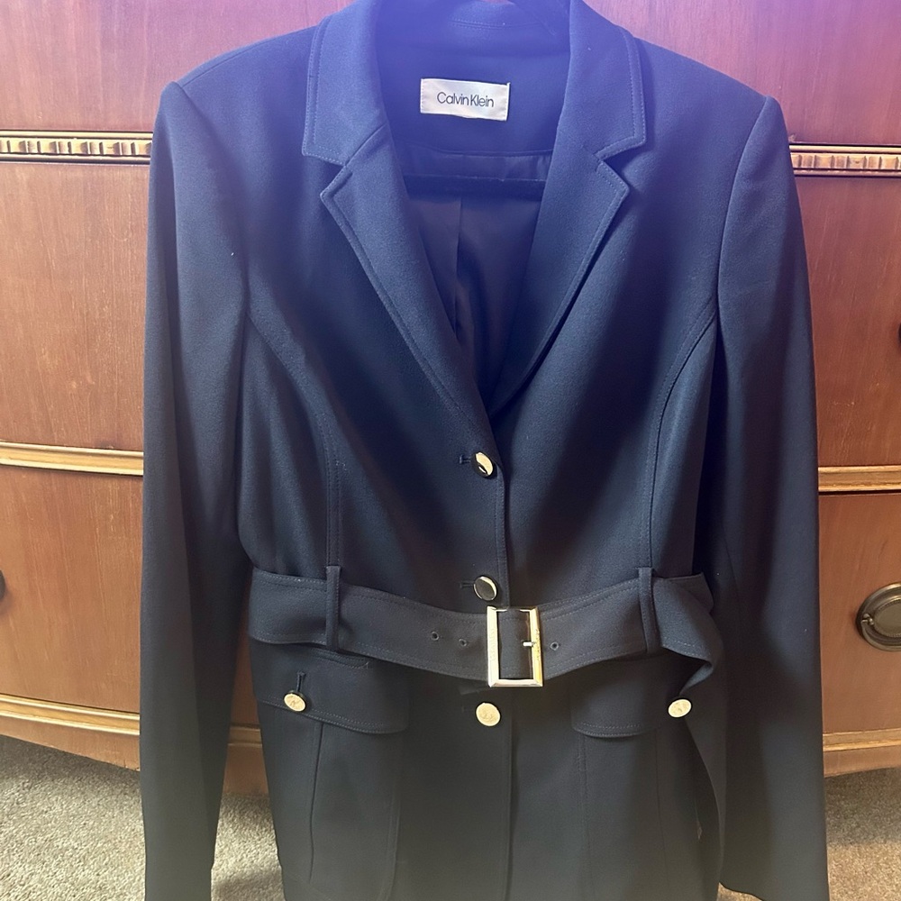 Calvin Klein Women's Navy Belted Blazer with Gold Buttons; size 14